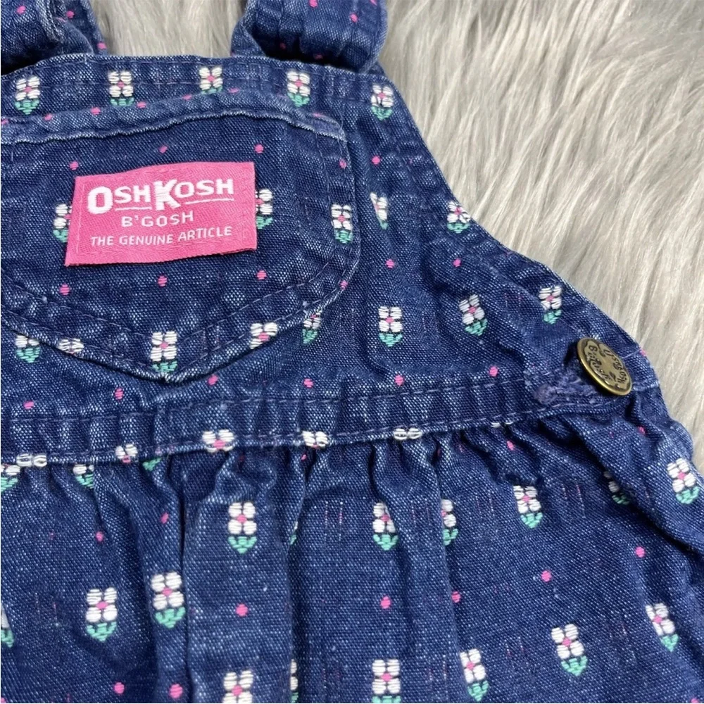 Vintage Oshkosh Bgosh Baby Girls Denim Blue White Pink Floral Overalls